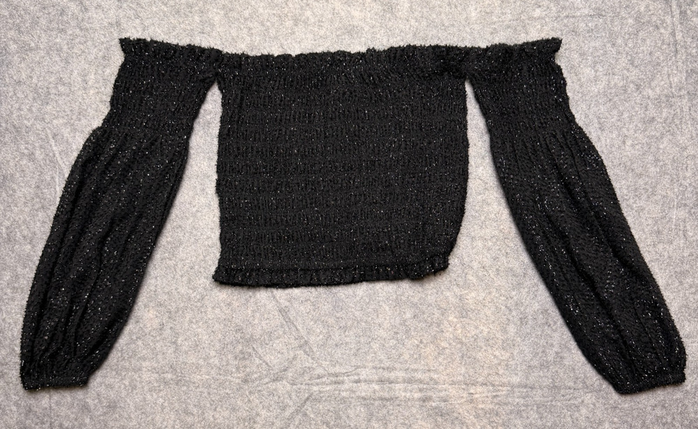 Mango MNG Womens S 4 Black Metallic Smocked Off Shoulder Crop Top Balloon Sleeve